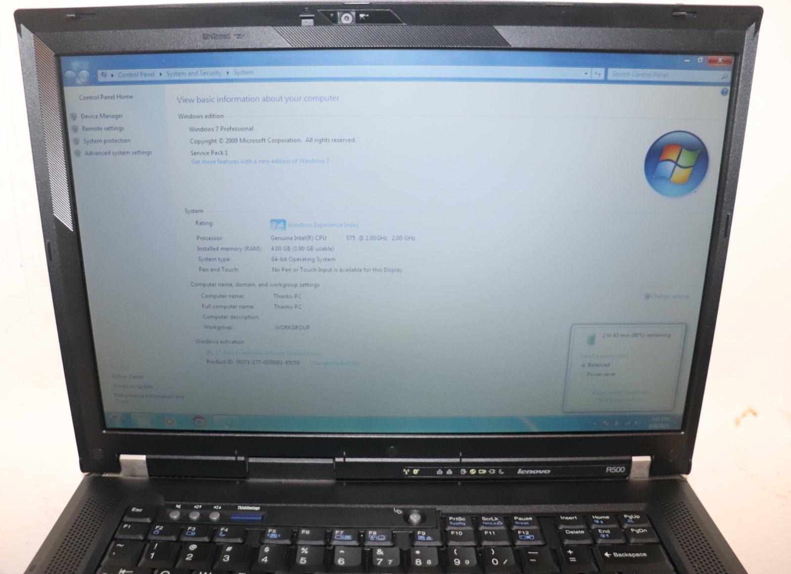 Lenovo ThinkPad R500|Intel Celeron@2.00GHz|4GRAM|500GB HDD|WIN 7Prof|WiFi|Webcam