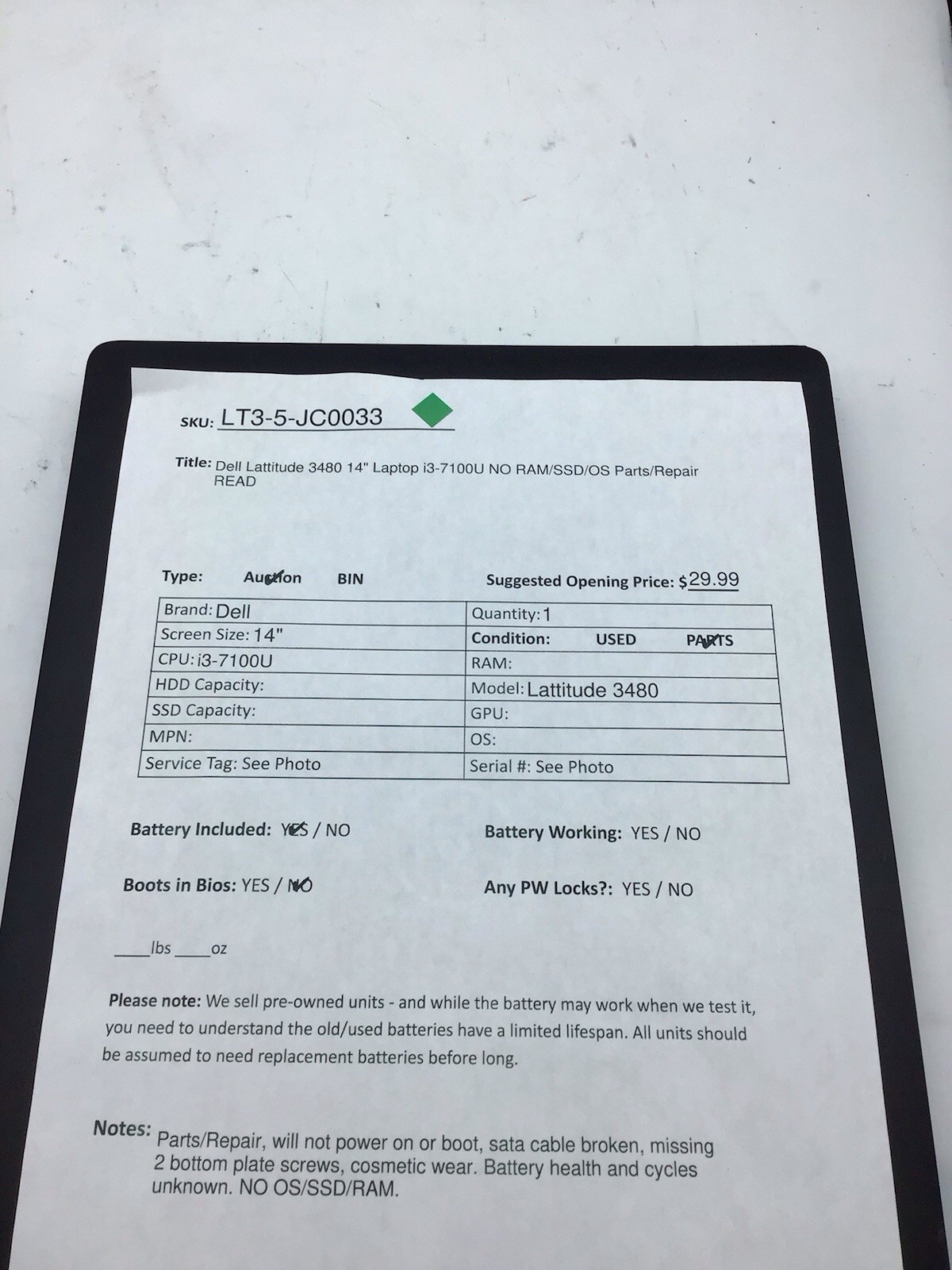 Dell Lattitude 3480 14″ Laptop i3-7100U NO RAM/SSD/OS Parts/Repair READ