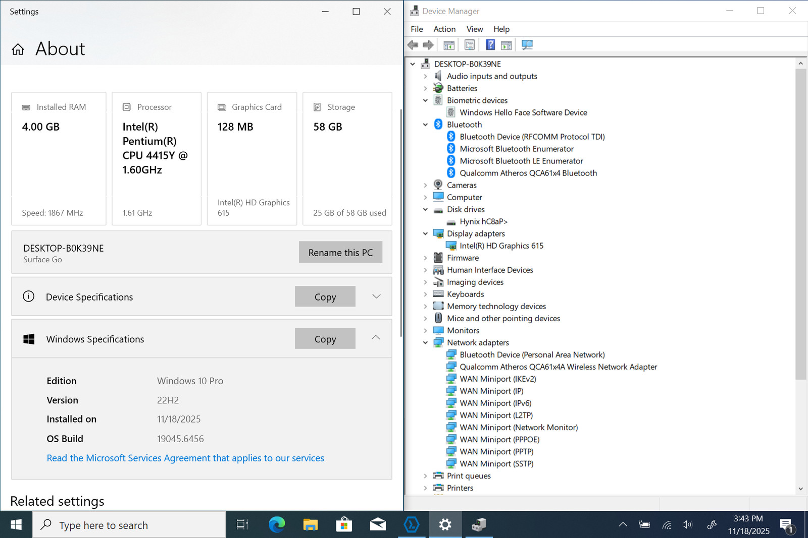 Microsoft Surface Go 2-in-1 10″ 1800 x 1200 Touch PENTIUM 4415Y 4GB W10P IRCam