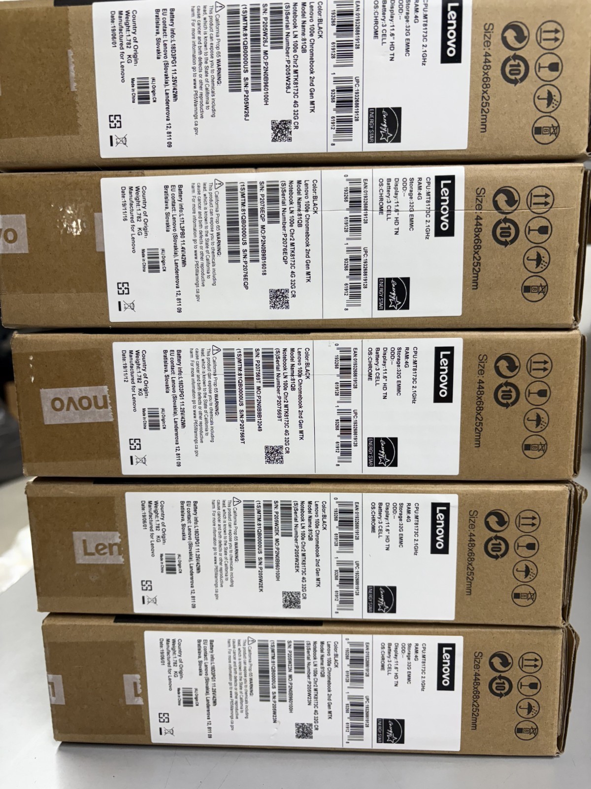 Set of 5 – Lenovo 100e Chromebook 2nd Gen 11.6 in MTK8173C 4GB 32GB – Open Box