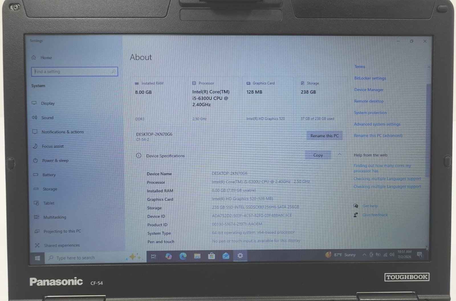 Panasonic Toughbook CF-54 Core i5-6300U 2.40GHz 8GB 256GB Non Touch