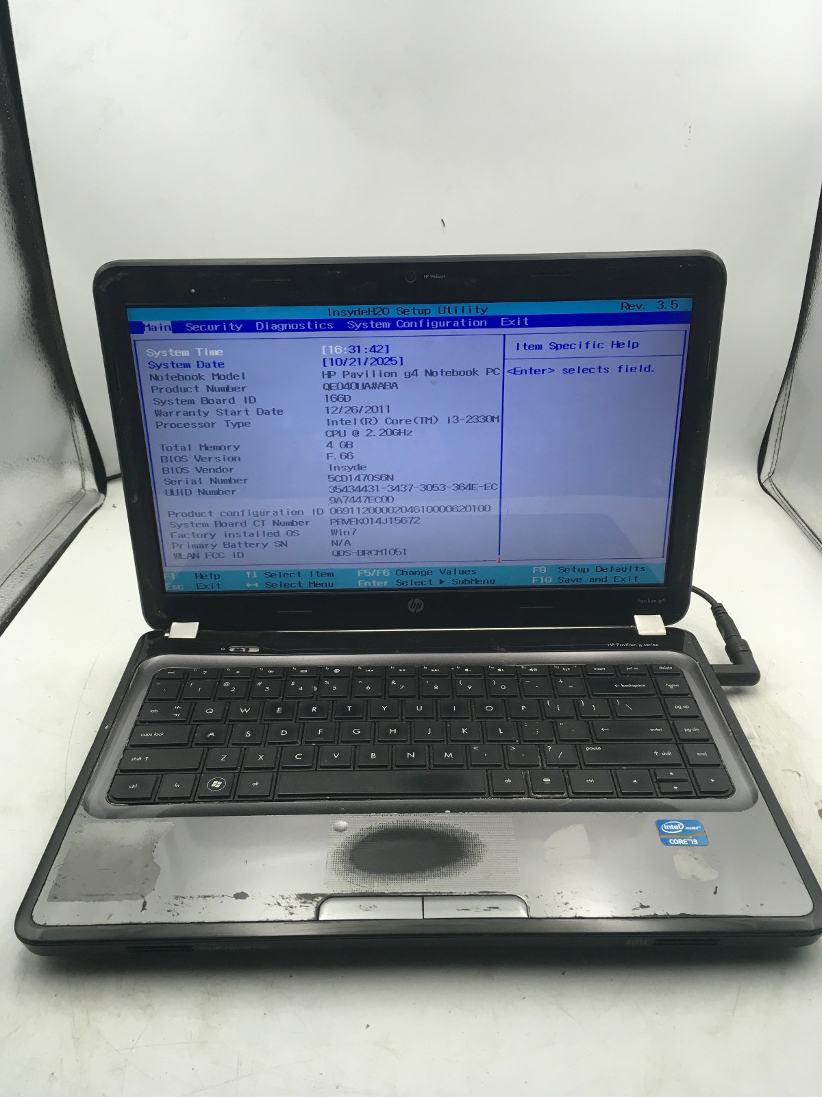 HP PAVILION G4 1226NR – BOOTS TO BIOS – INTEL I3 2330M – NO RAM – NO OS -READ-BB