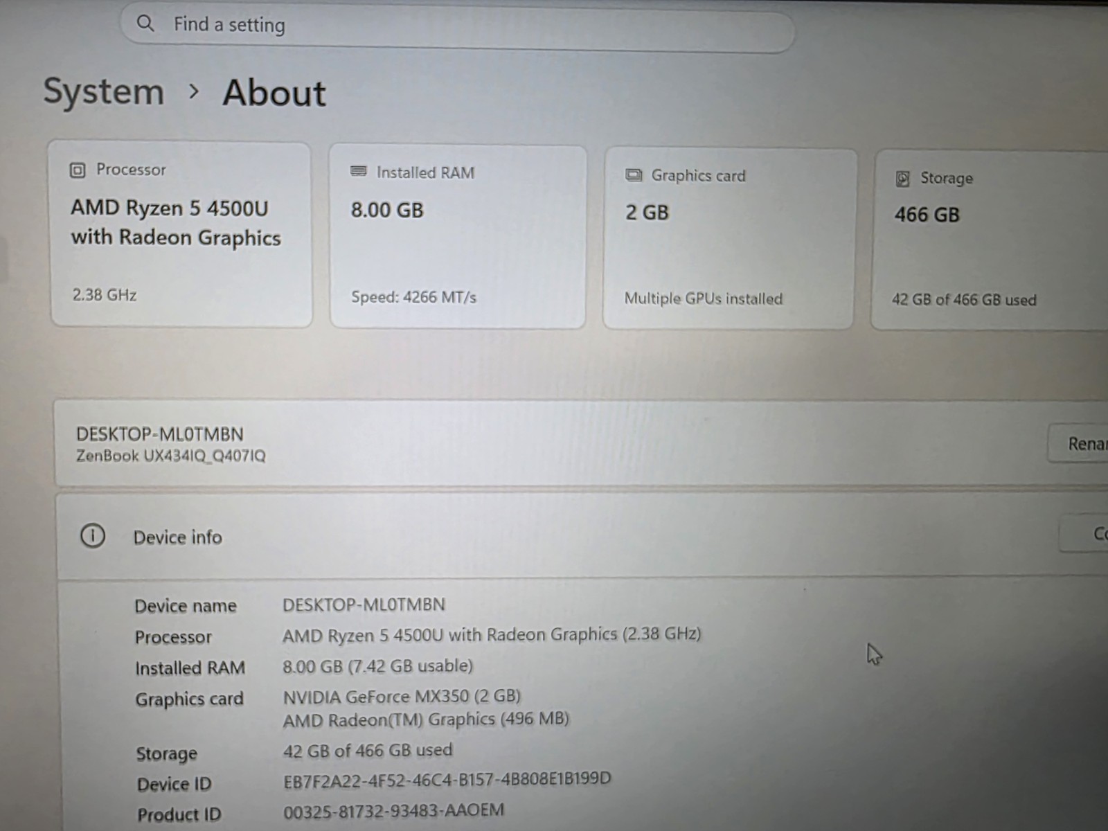 ASUS ZenBook 14 Q407I 14″ FHD Ryzen 5 4500U 2.3GHz 8GB 500GB NVMe NVIDIA Win11H