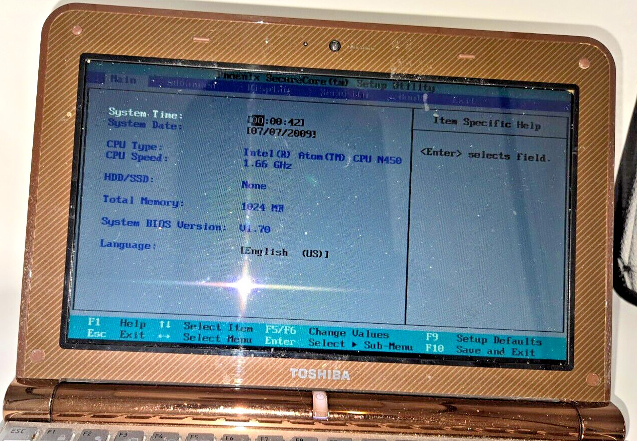 Toshiba Mini NB305-N410BN-G Laptop, Used, Untested, Turns On, No Hard Drive