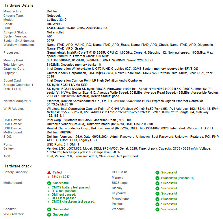 Dell Latitude 3310, i5-8265U CPU, @ 1.60GHz, 8GB RAM, 256GB NVMe-No OS/Adapter