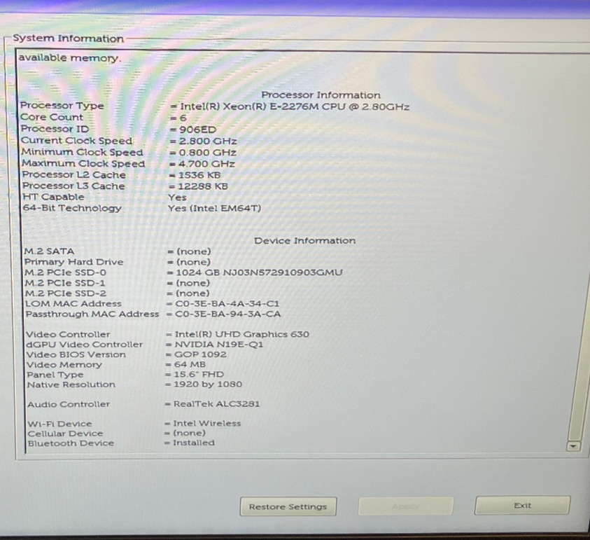 Dell Precision 7540 NVIDIA Q. RTX 3000 6GB 2.8GHz Intel Xeon E-2276M 64GB 1TB