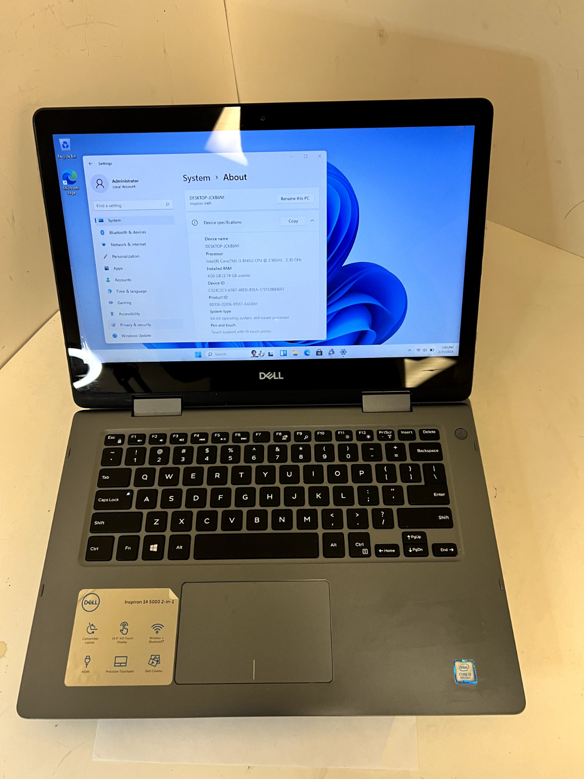 Dell Inspiron 5481 2-in-1 Laptop i3-8145U 2.10GHz 4GB RAM 256GB SSD W11H Touch!!