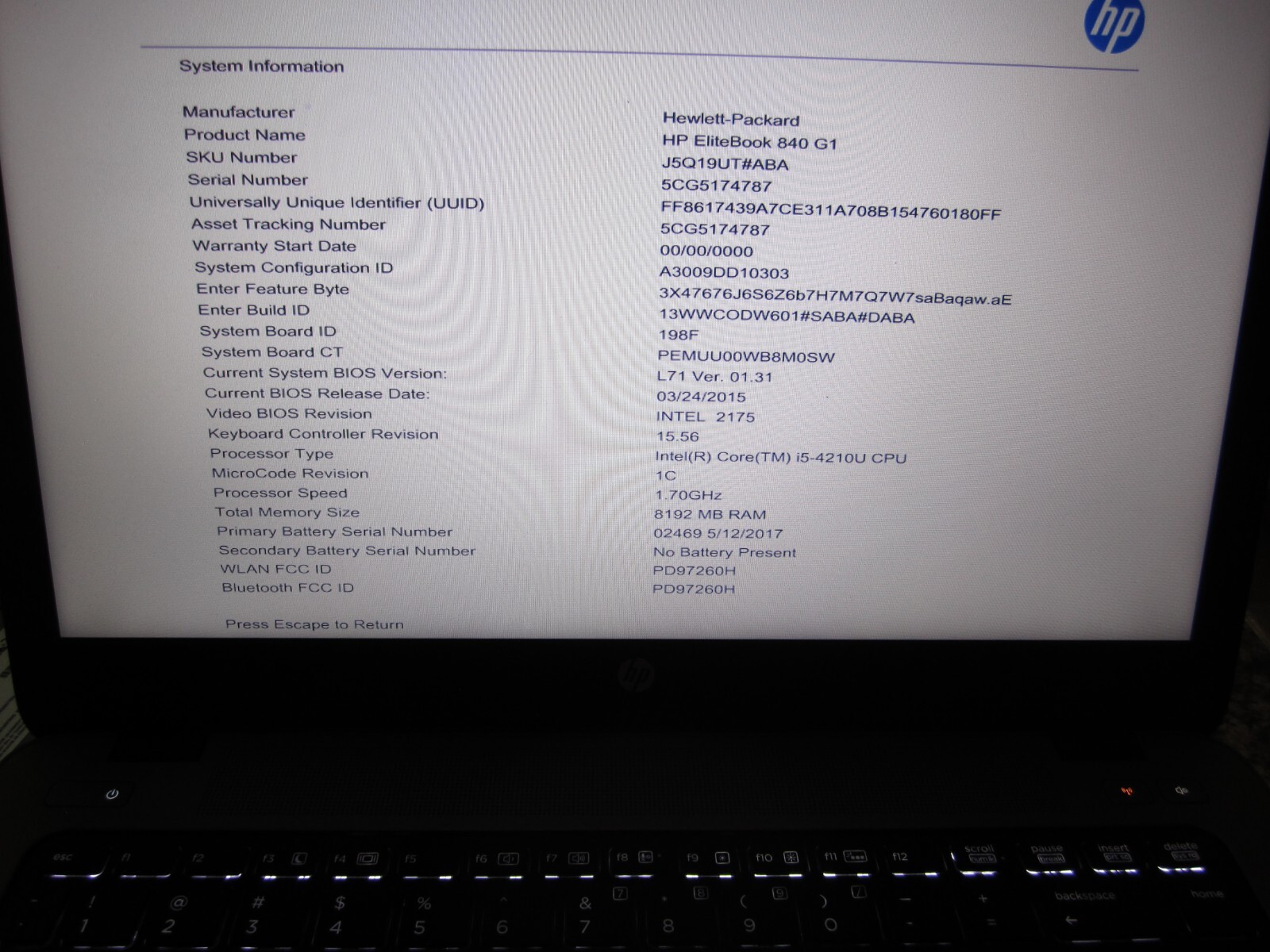 HP EliteBook 840 G1 Laptop Core i5 1.7 GHz 8GB RAM 180GB SSD Win 10 Pro
