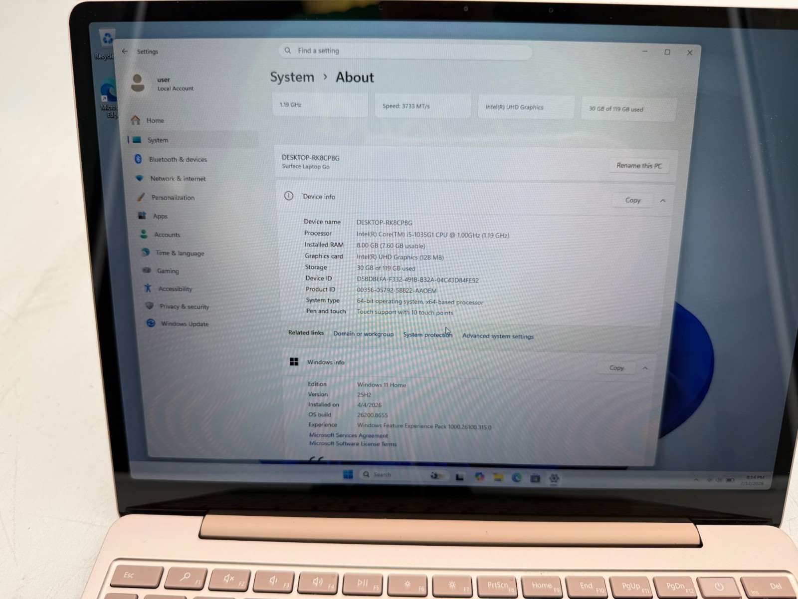 Microsoft Surface Laptop Go 1943 12.4″ 128 GB SSD 8 GB RAM i5-1035G1 Win 11 Home