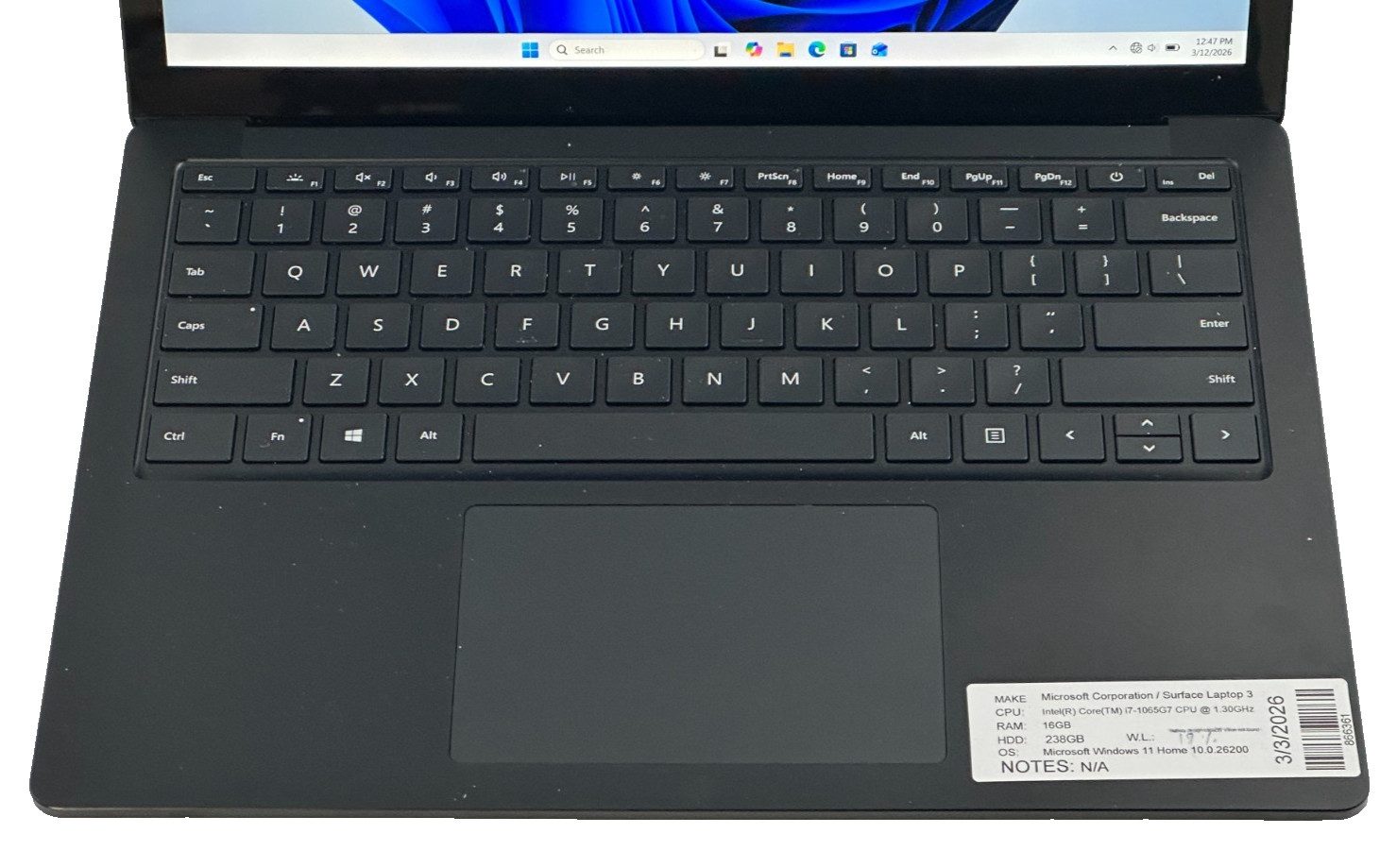 MICROSOFT SURFACE 3 LAPTOP CORE i7-1065g7 @ 1.30 GHZ 16GB RAM 238GB SSD (lp666)