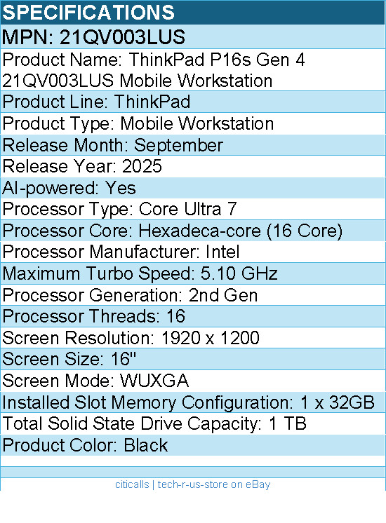 Lenovo 21QV003LUS ThinkPad P16s Gen 4 16″ Mobile Workstation – Black