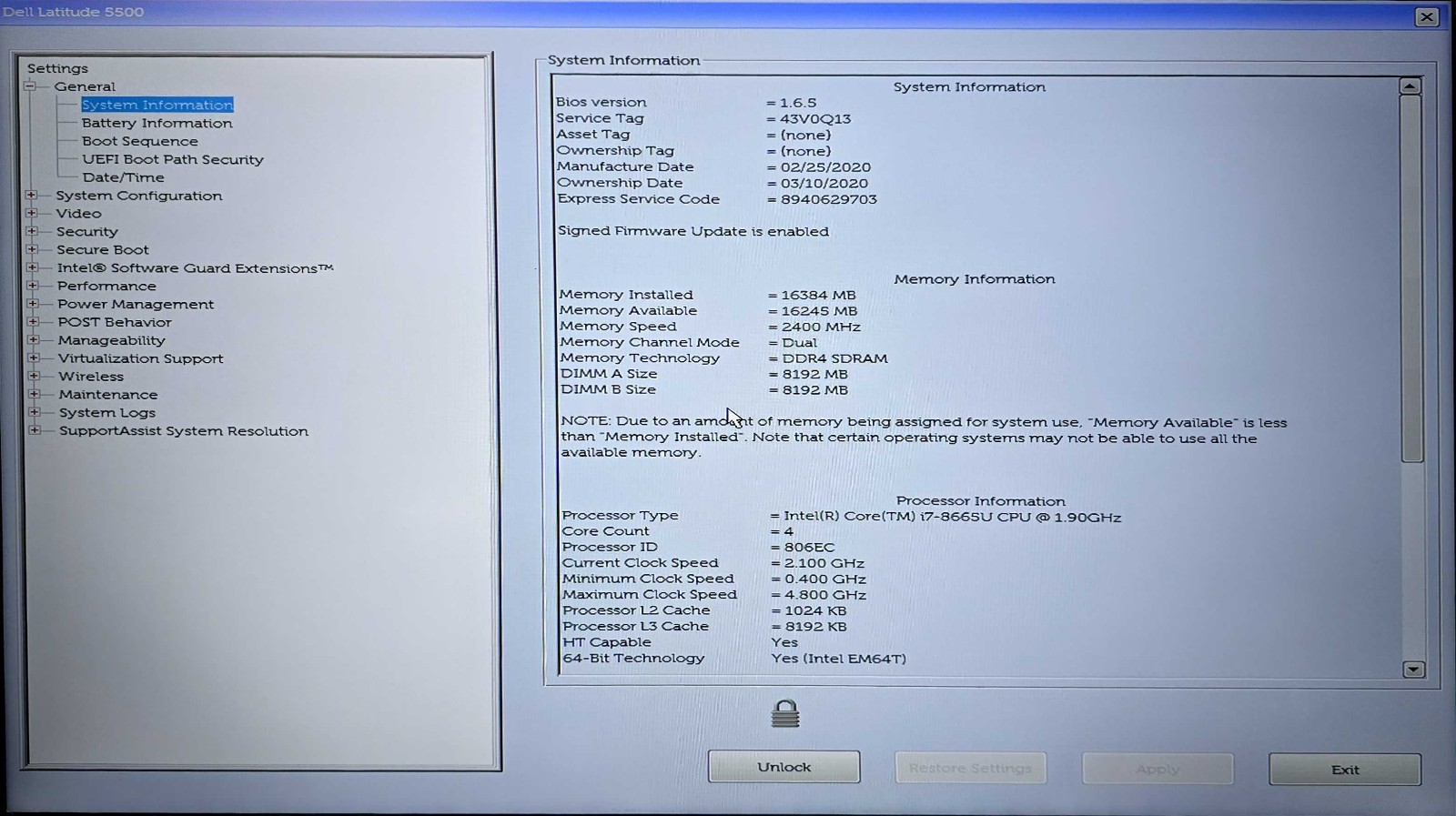 Dell Latitude 5510 i7-8665U CPU 16GB RAM 256GB SSD Win11P BIOS LOCK w/AC Adapter