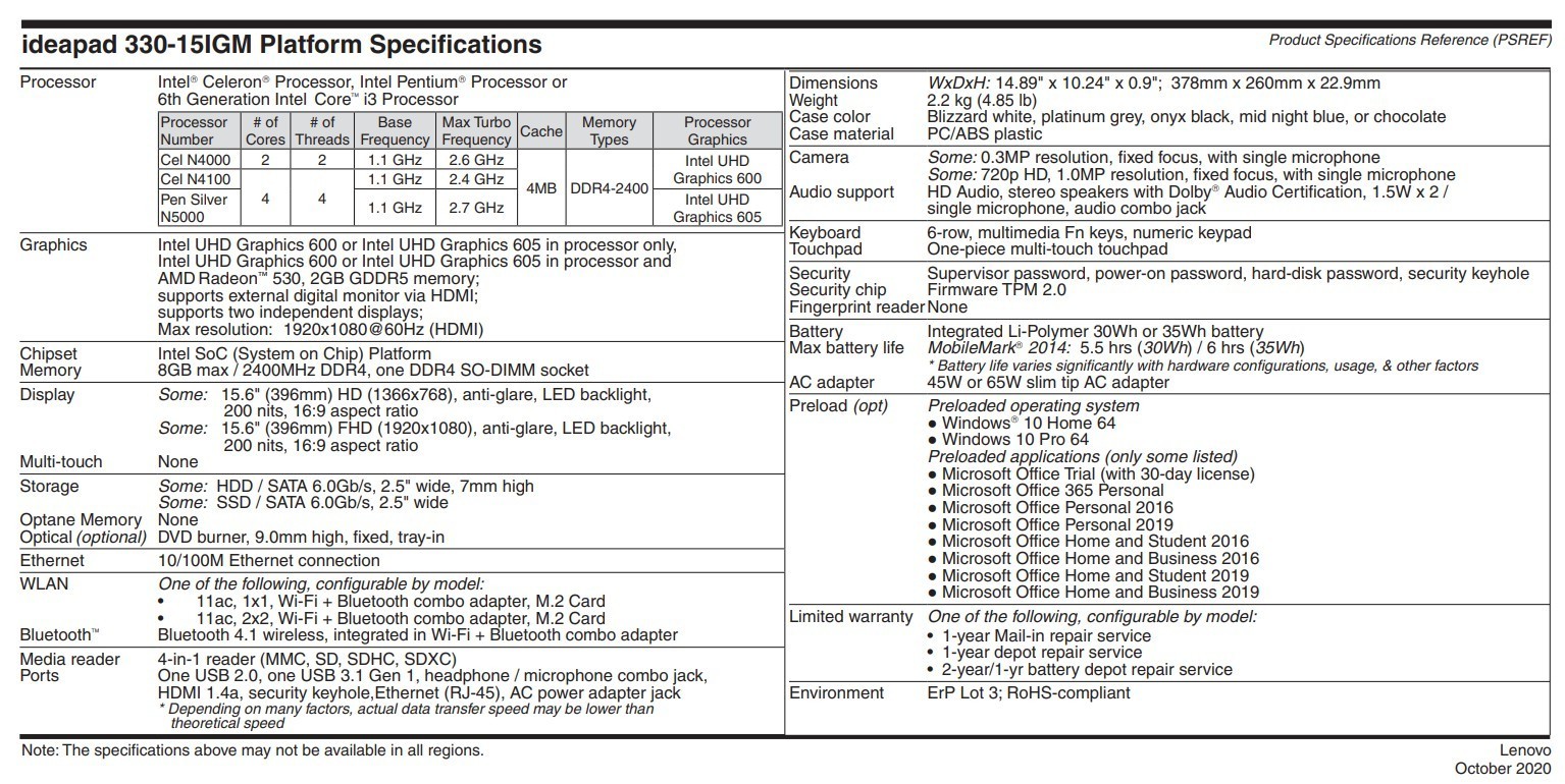 Lenovo IdeaPad 330-15IGM Laptop