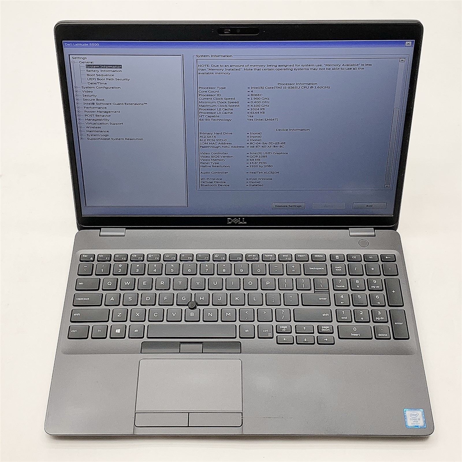 Dell Latitude 5500 Laptop Intel Core i5 8365U 1.60GHZ 15.6″ FHD 16GB RAM NO HDD
