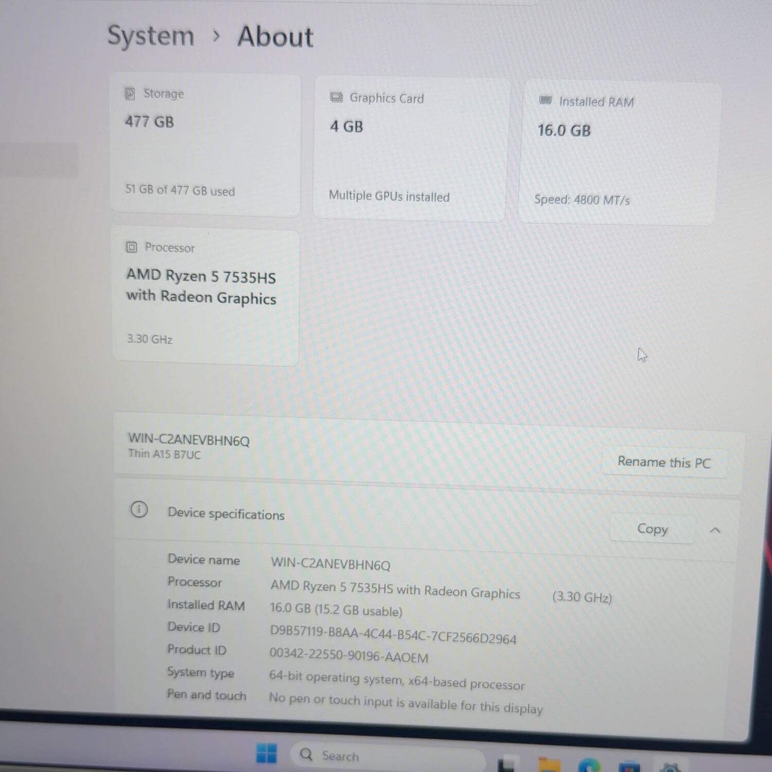 MSI Thin A15 B7UC 15.6″ Ryzen 5 7535HS 3.3GHz 16GB RAM 512GB GeForce RTX 3050