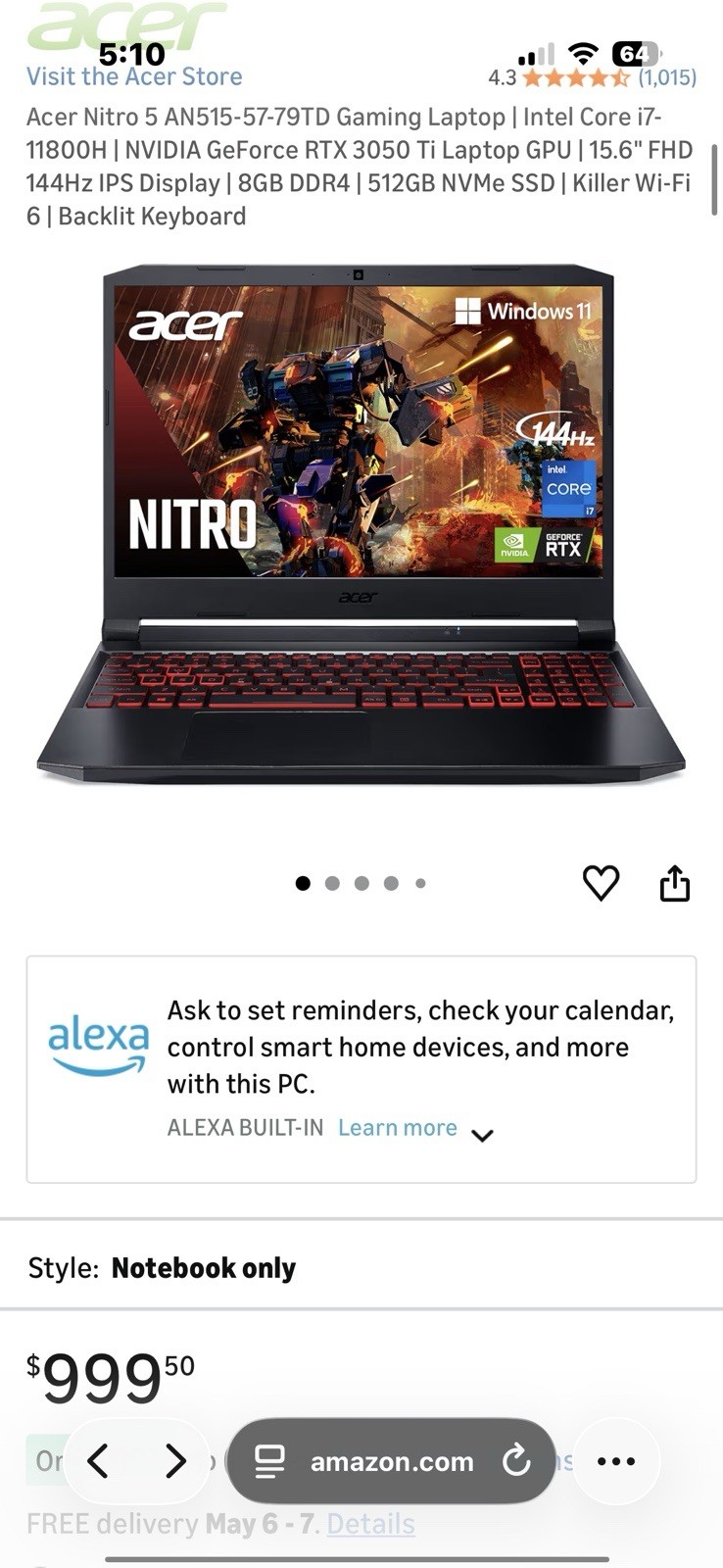 Acer Nitro 5 Gaming Laptop 15.6in 1.5TB (Price Negotiable Send Offers)
