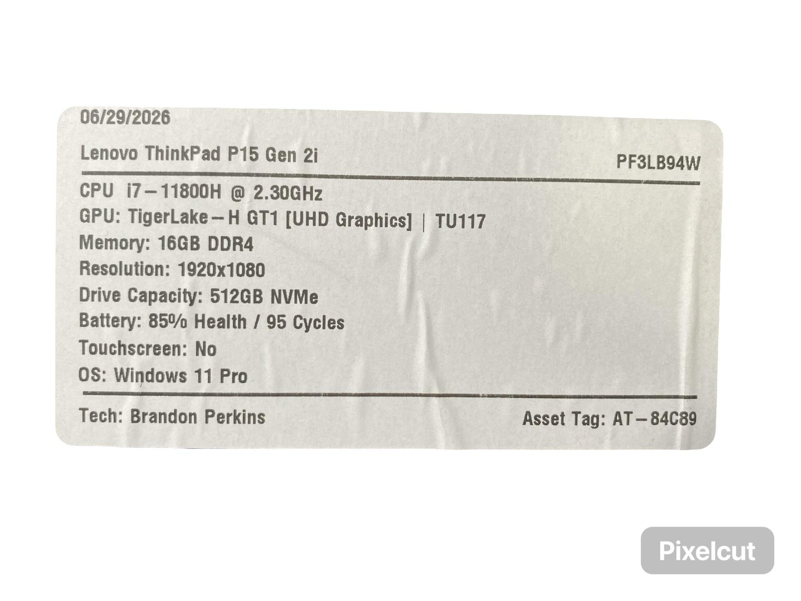Lenovo ThinkPad P15 Gen2i i7 11800H 16GB Win11Pro 512GB Battery Inc Grade C