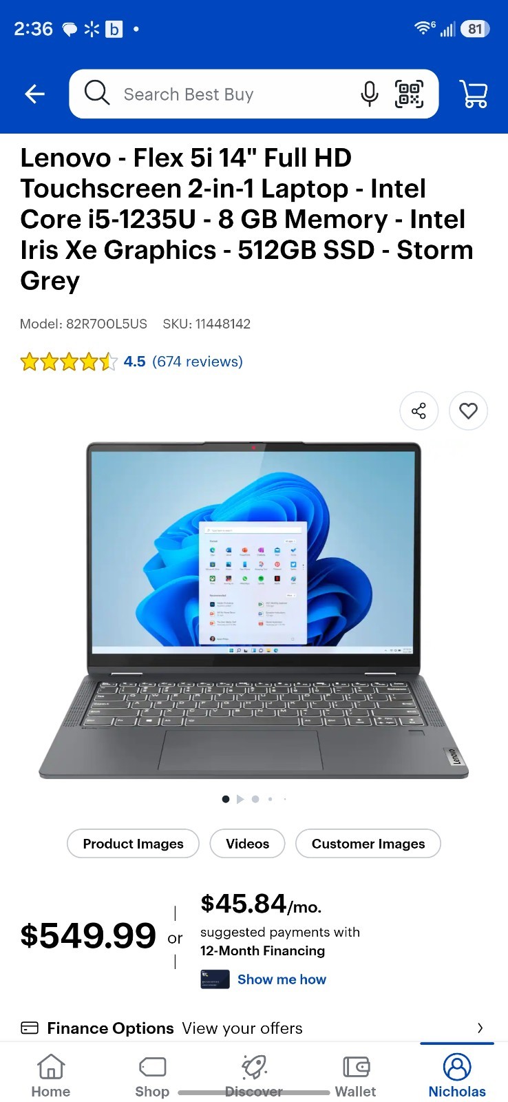 Lenovo Flex 5i 14″ 2-in-1 Touchscreen Laptop i5-1235U 8GB 512GB SSD Grey