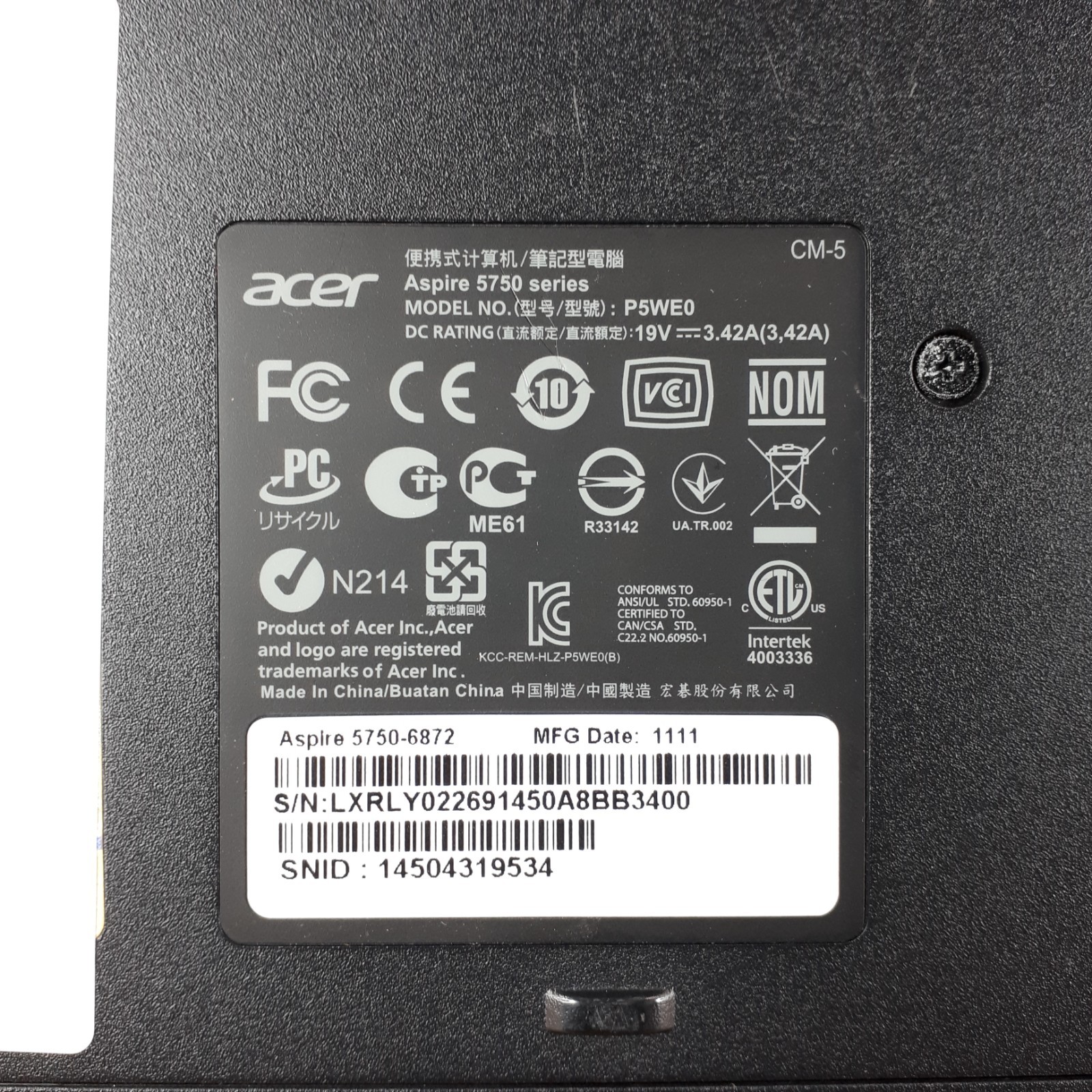 Acer Aspire 5750 P5WE0 15.6″ Laptop i5-2430M 2.40GHz 6GB RAM 1TB Boots/Bio H3907