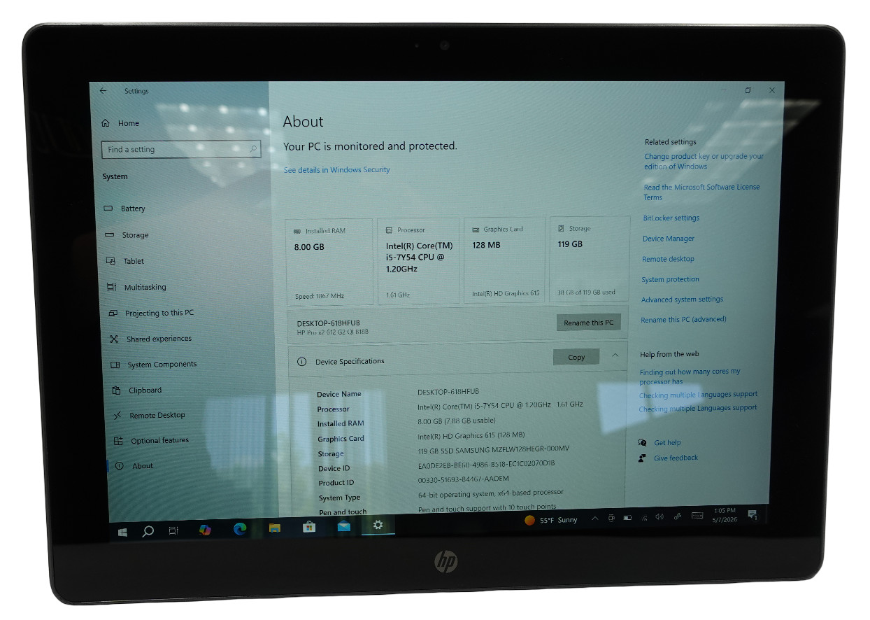 HP Pro X2 612 G2 Tablet Core i5-7Y54 1.20GHz 8GB 128GB SSD