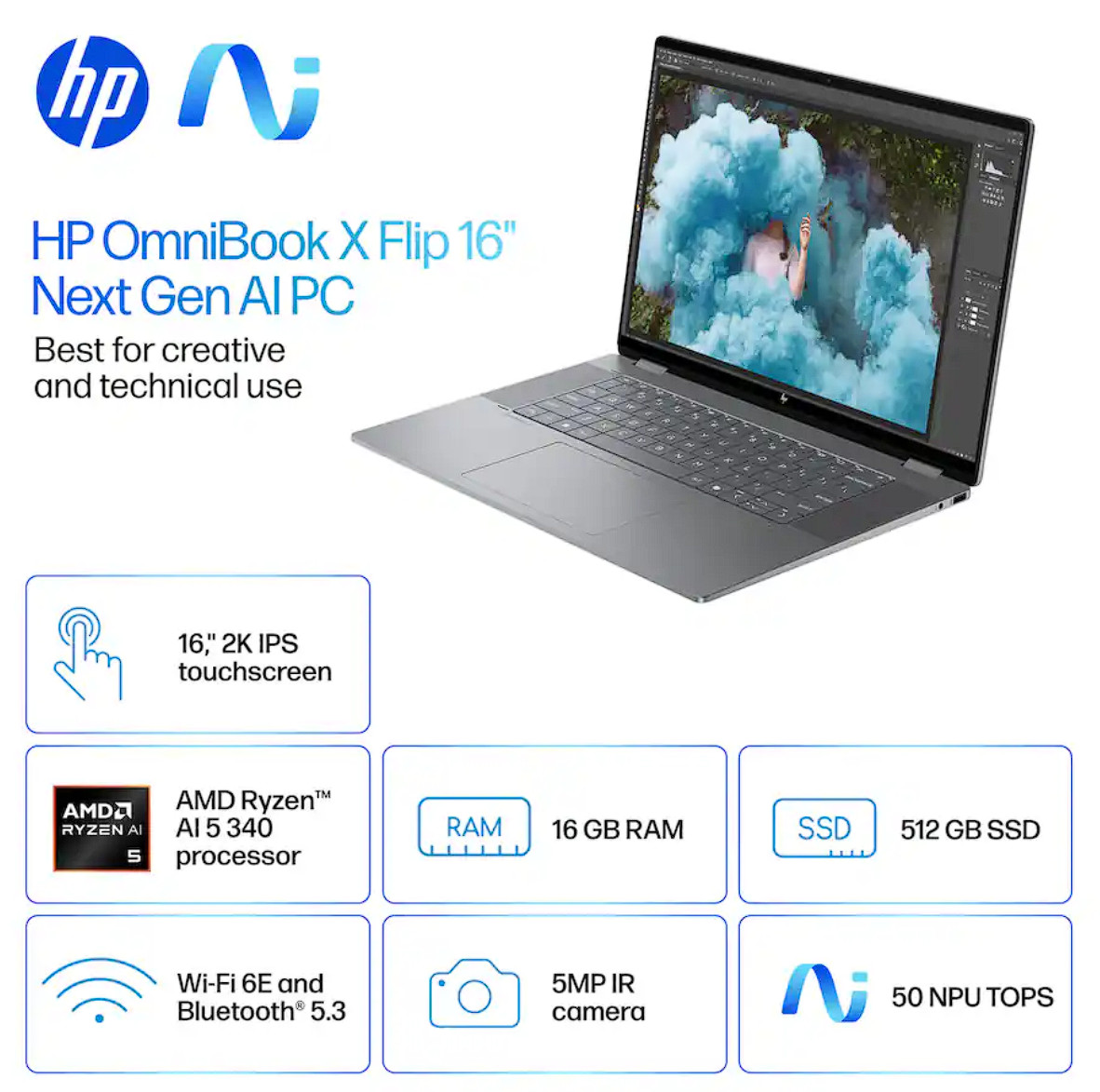 HP OmniBook X Flip 16″ 2K Touch Laptop AMD Ryzen AI R5-340 16GB RAM 512GB SSD