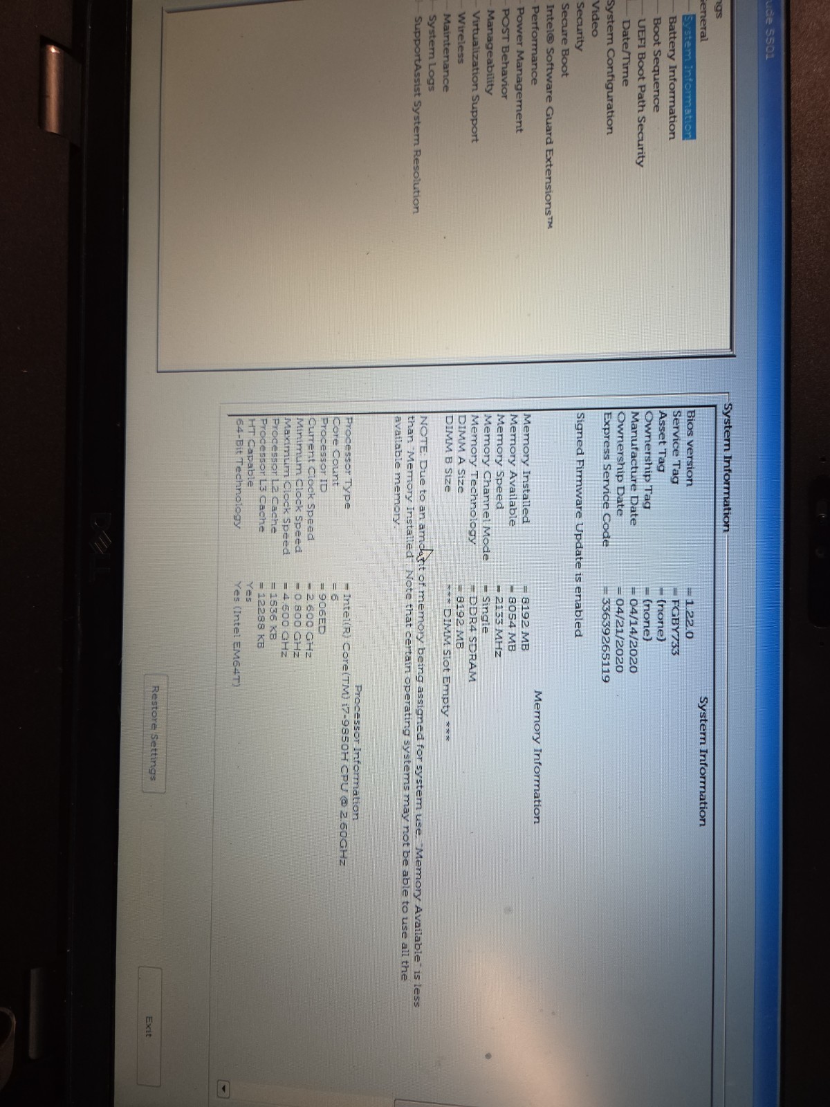 Dell Latitude 5501 15.6″ FullHD i7-9850h 8GB, No Hd. Lot X2