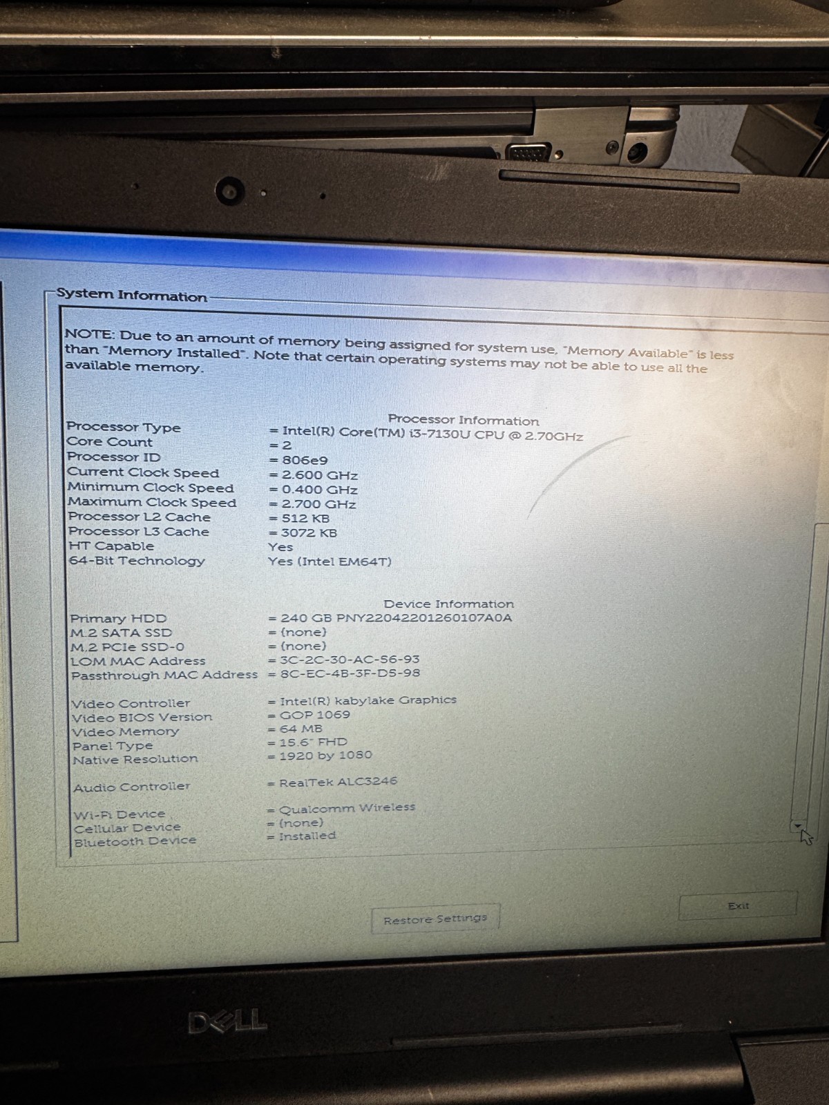 Dell Latitude 3590 Core i3-7130U, 8GB RAM, 15.6″ Laptop *READ #6137