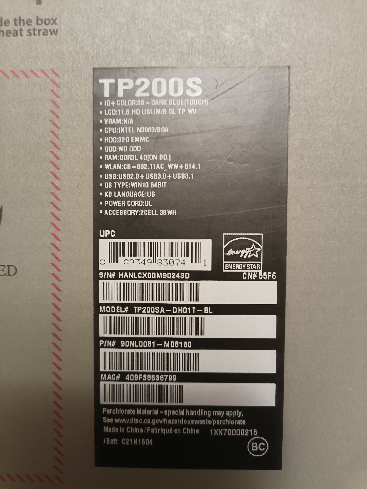 ASUS TP200SA Laptop. Intel Celeron N3060 1.6 GHz 32gb EMMC 4GB RAM