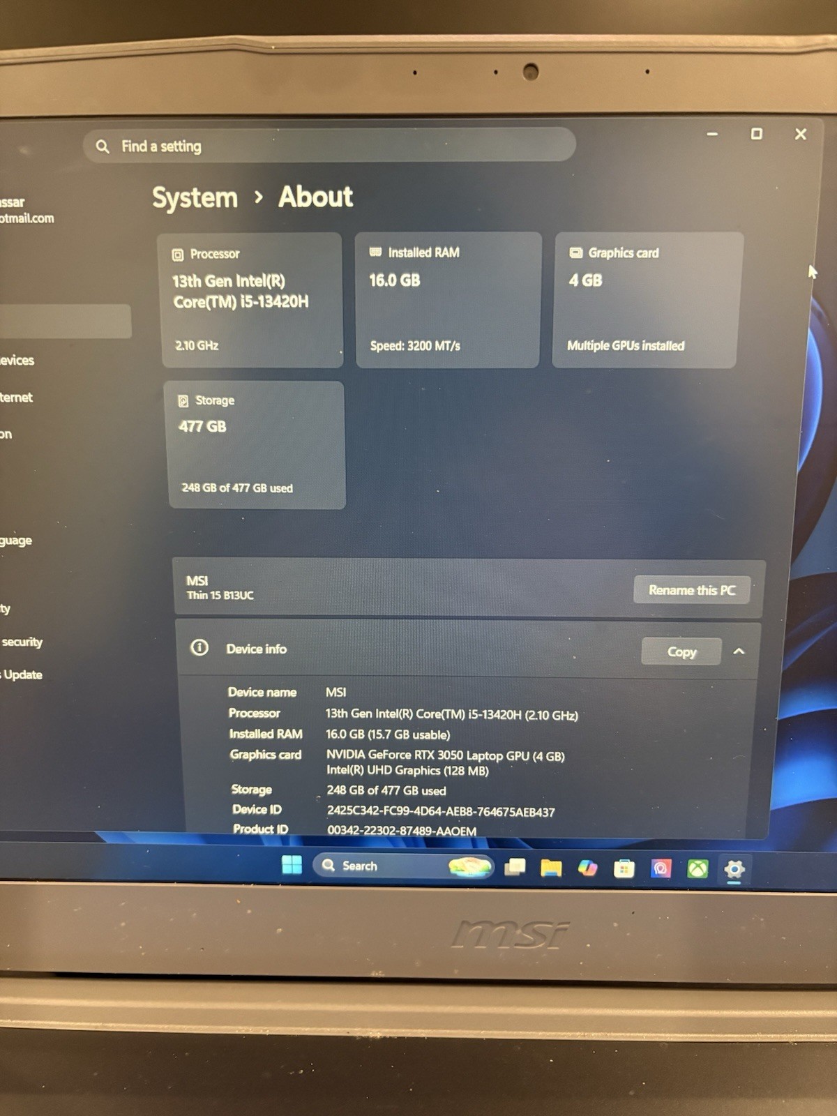 MSI Gaming Laptop Intel Core I5, 16GB RAM, NVIDIA GeForce RTX 3050