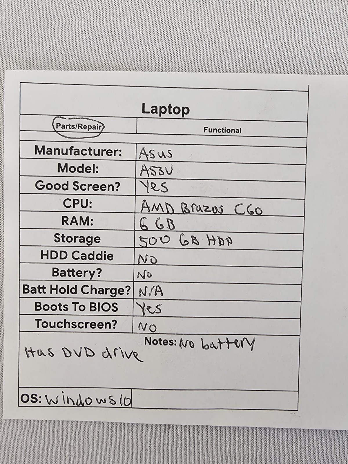 ASUS A53U Laptop – AMD Brazus C60 – 6GB RAM – 500GB HDD – NO BATT – Windows 10