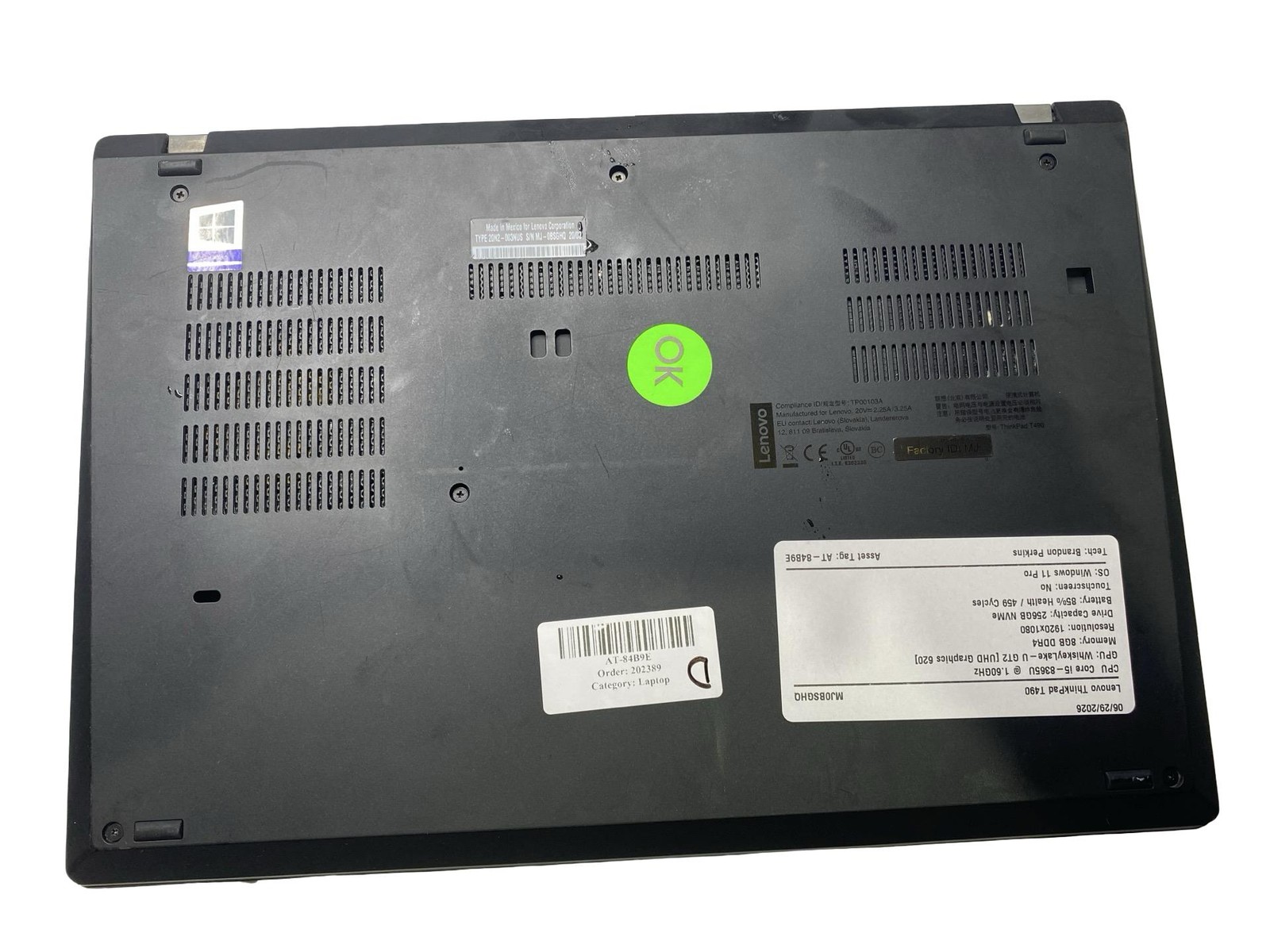 Lenovo ThinkPad T490 Core i5 8365U 8GB 256GB Win11Pro Grade D Battery Inc