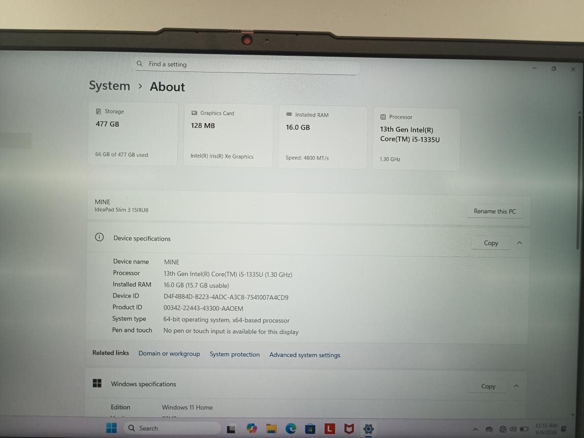 PRE OWNED LENOVO IDEAPAD SLIM 3 15IRU8 -16GB RAM-477GB-WINDOWS 11 HO (P23017183)