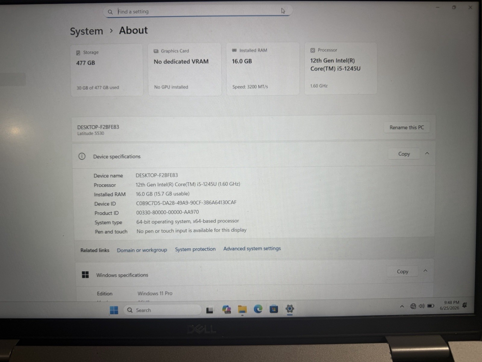 Dell Latitude 5530 i5-1245U 16GB 477GB SSD 15.6″ W11P Silver