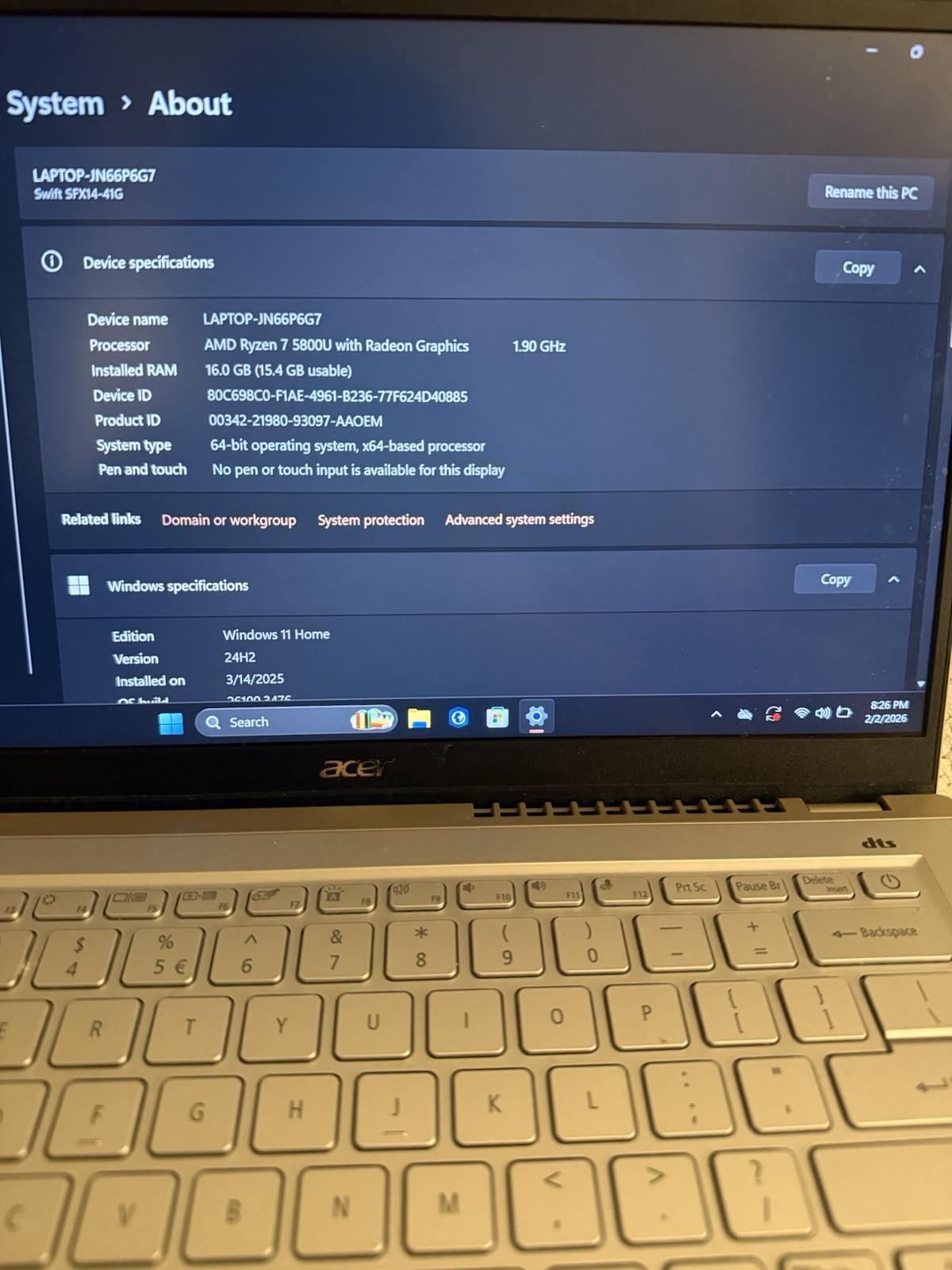 Acer Swift SFX14-41G Laptop AMD Ryzen 7 5800U 16GB 512GB SSD 14″ Win11 Silver