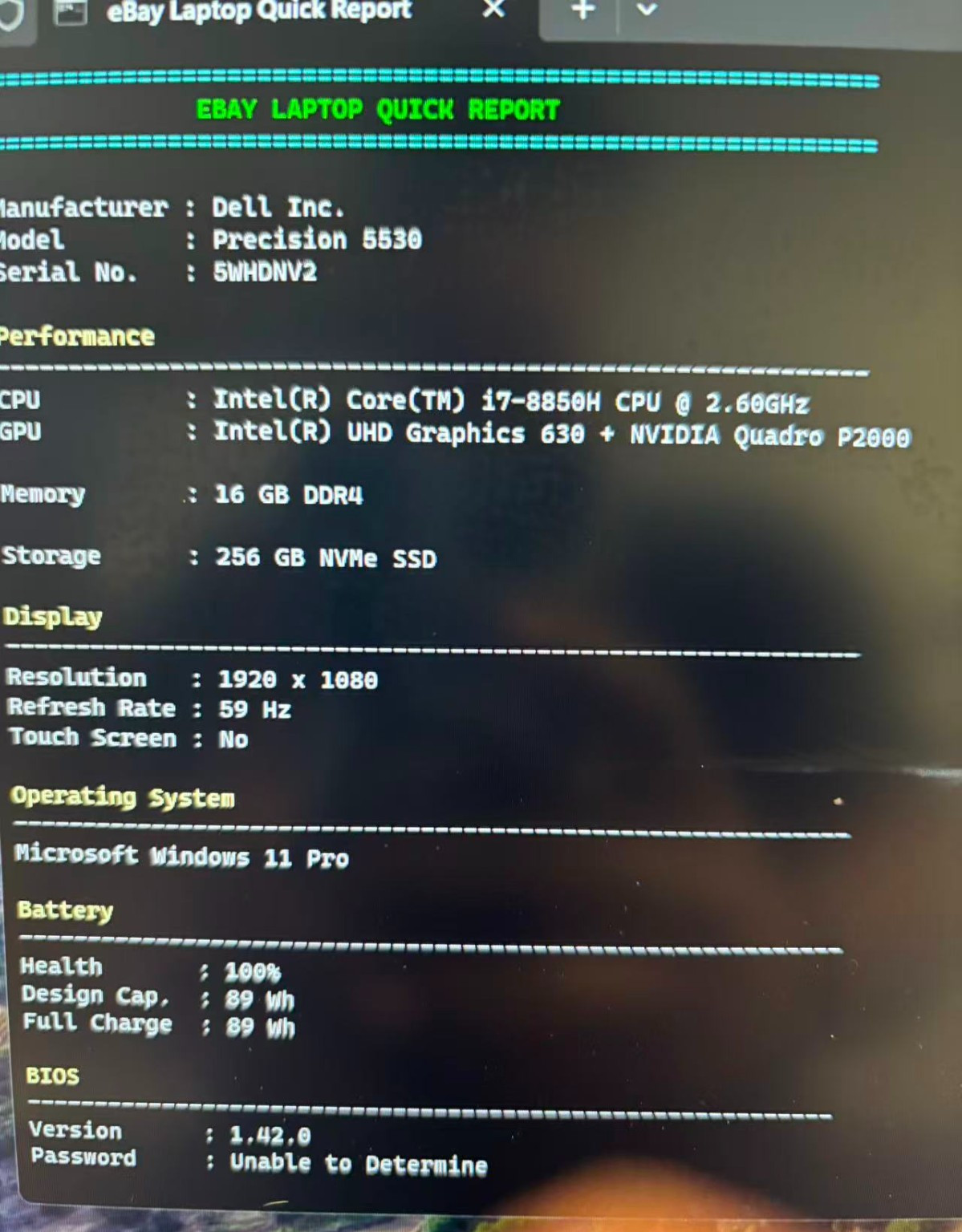 Dell Precision 5530 15″ i7-8850H P2000 16GB RAM 256gb NVME Win11 Pro