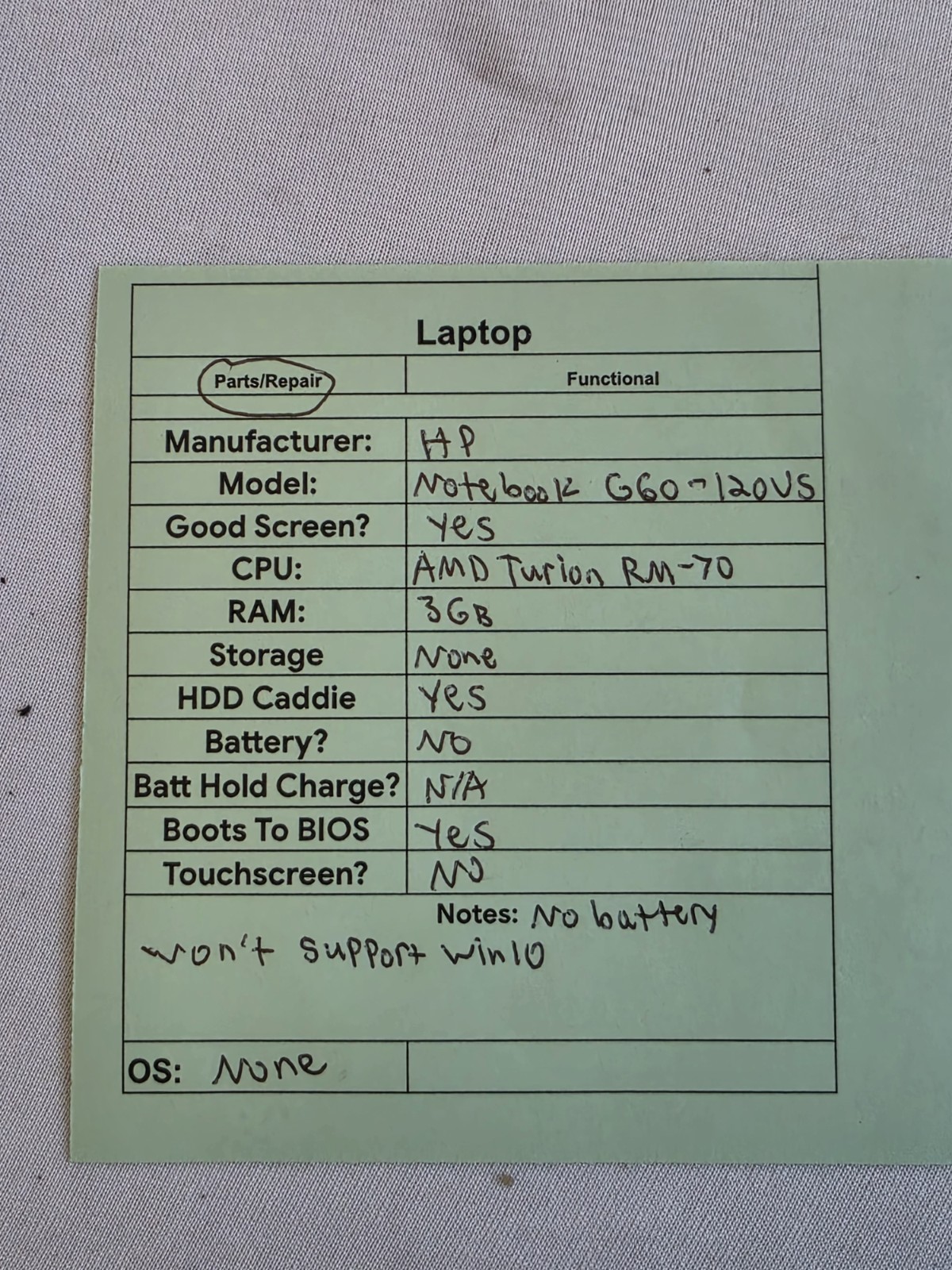 HP Notebook G60-120US Laptop – AMD Turion RM-70 – 3GB RAM NO BATT – Parts – READ