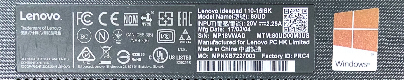 Lenovo IdeaPad 110-15ISK Intel Core i3-6100U @ 2.3GHz, 6GB RAM, 500GB HDD CLEAN!