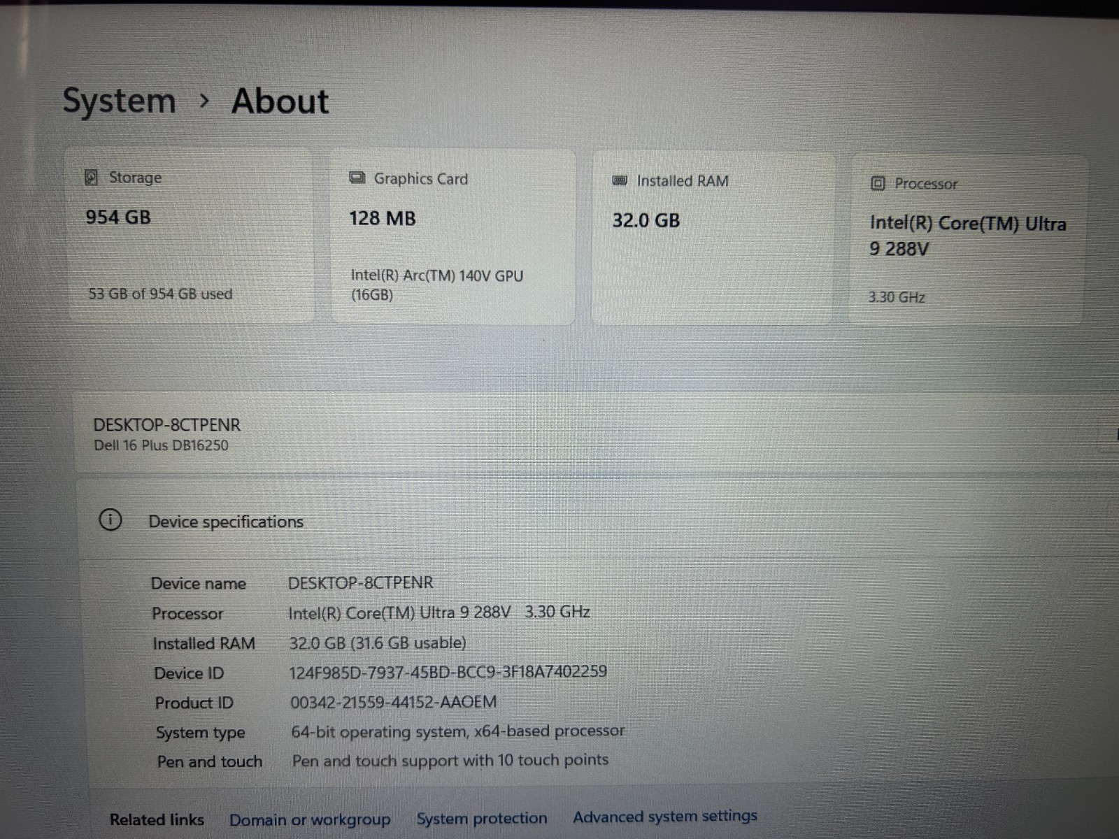 DELL 16 DB16250 VPVXG, Intel Core Ultra 9 288V, 3.30 GHz, 32 GB RAM, 1 TB NVMe
