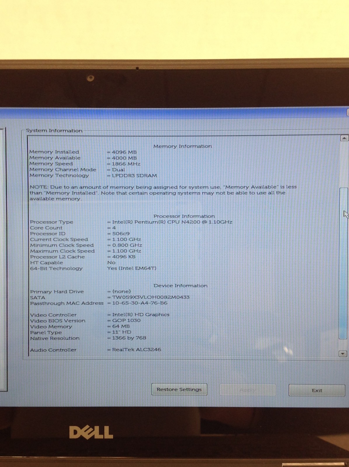 Dell Latitude 3189 Intel Pentium N4200 1.10GHz 11.6″ Laptop 128GB M2, 4GB WORKS