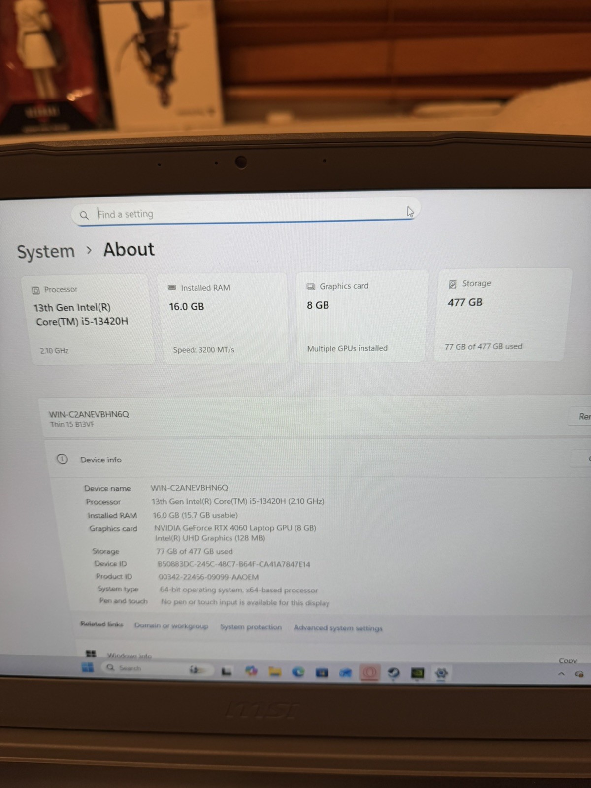 MSI Thin 15 B13VF i5-13420H 2.1GHz 16GB RAM 512GB SSD GeForce RTX 4060 READ DESC