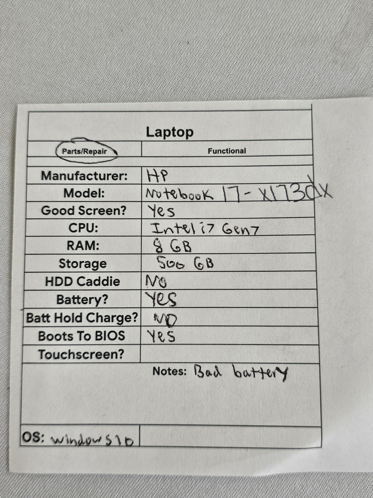 HP Notebook 17-x173dx Laptop – Intel i7 Gen 7 – 8GB RAM – 500GB BAD BATT Win 10