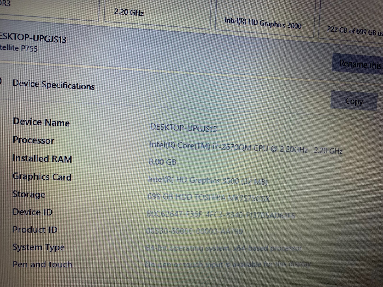 LAPTOP INTEL icore 7 cpu 2.20GHz 32mb Graphic card storage 699GB 64 SYSTEM