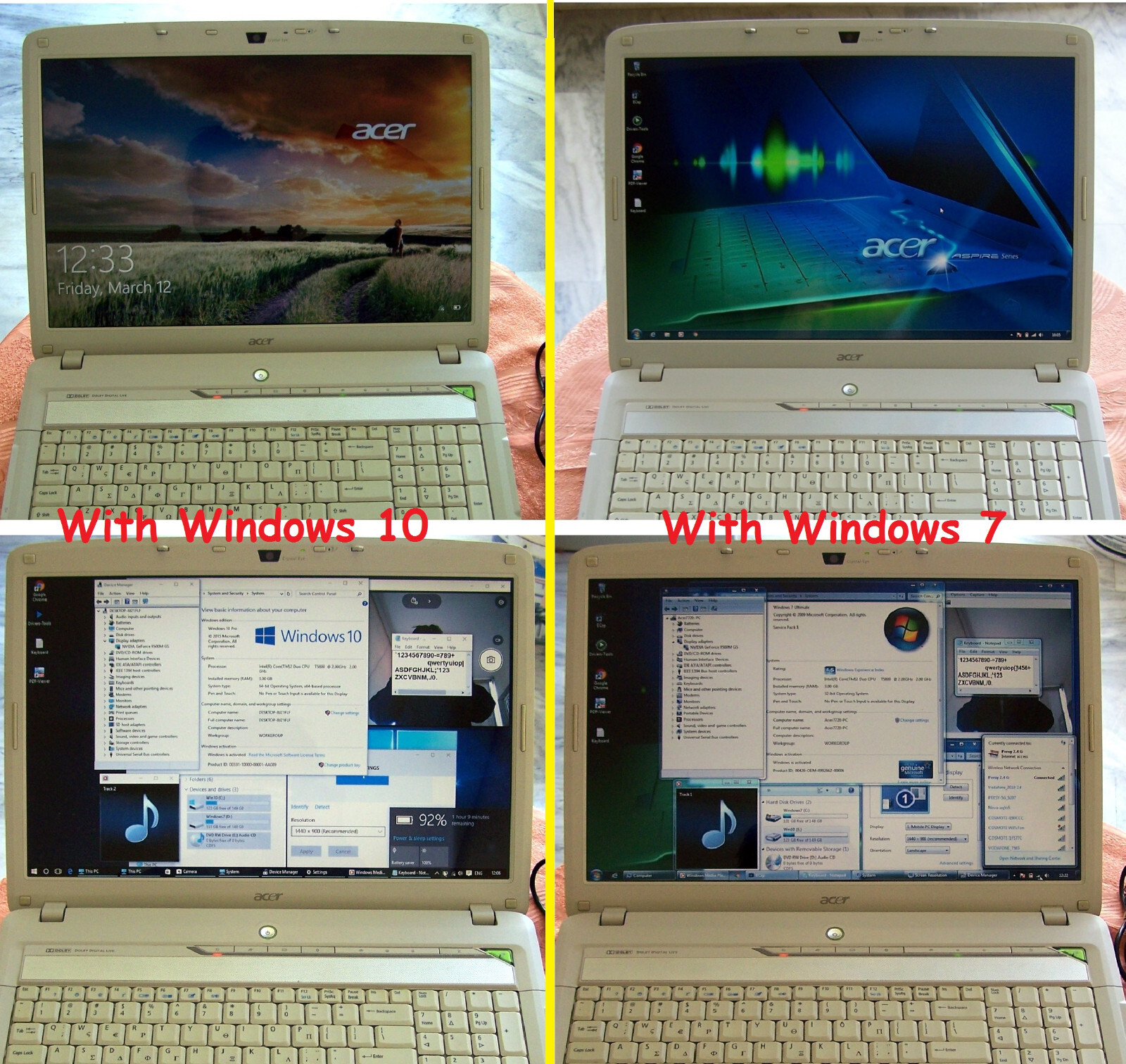 Acer Aspire 7720 17” Intel 2 core 2.0GHz 3GB Ram 2x160GB HD nVidia 9500 Win 10&7