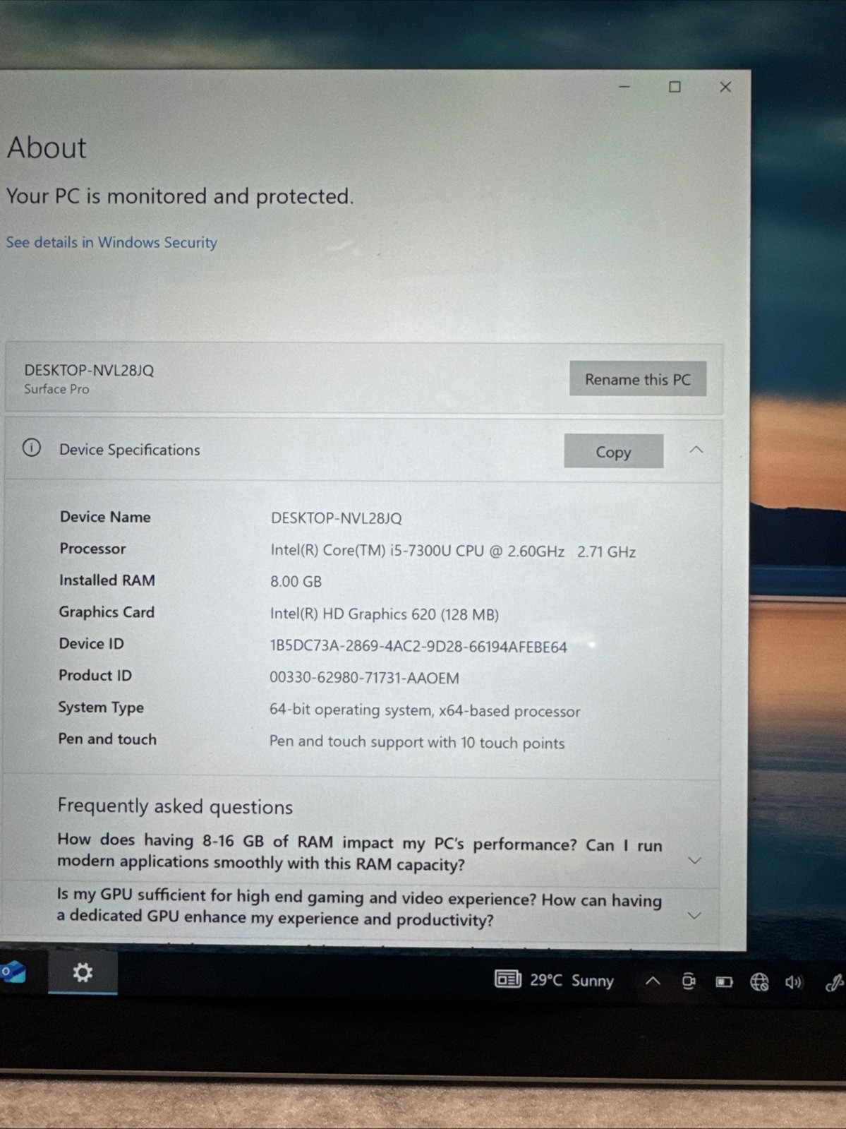Microsoft Surface Pro 5 Intel Core i5-7300U @ 2.60GHz 4GB RAM 128GB SSD