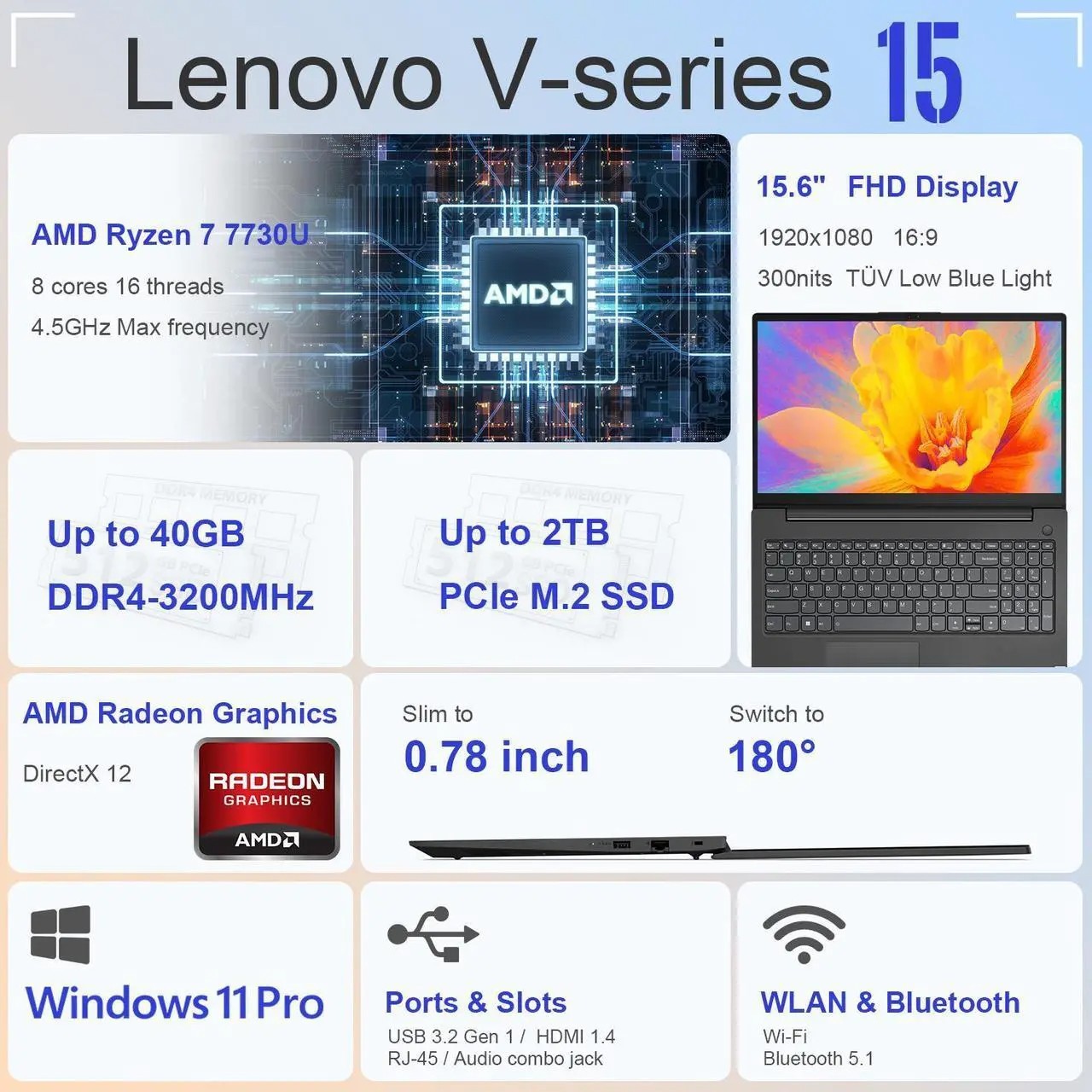 New Lenovo V15 G4 15.6″ FHD 8-Core Ryzen 7 7730U Up 40GB + 4TB PCIe SSD Win 11P