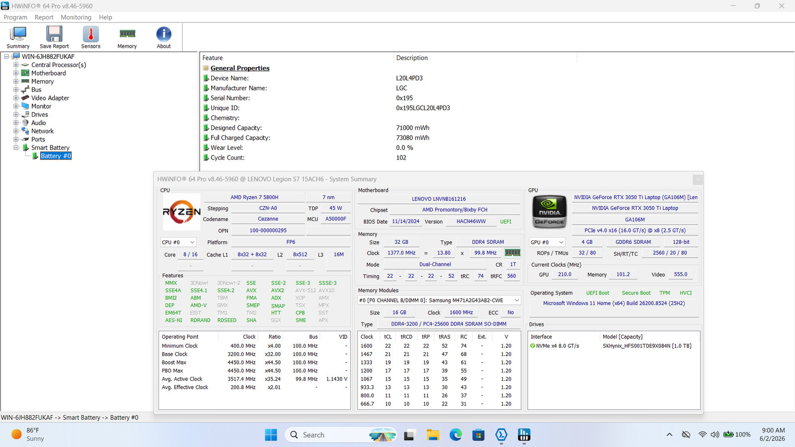 Lenovo Legion S7 15ACH6 15″ FHD RYZEN 7 5800H 1TB 32GB W11 RTX 3050 Ti RGB 165Hz
