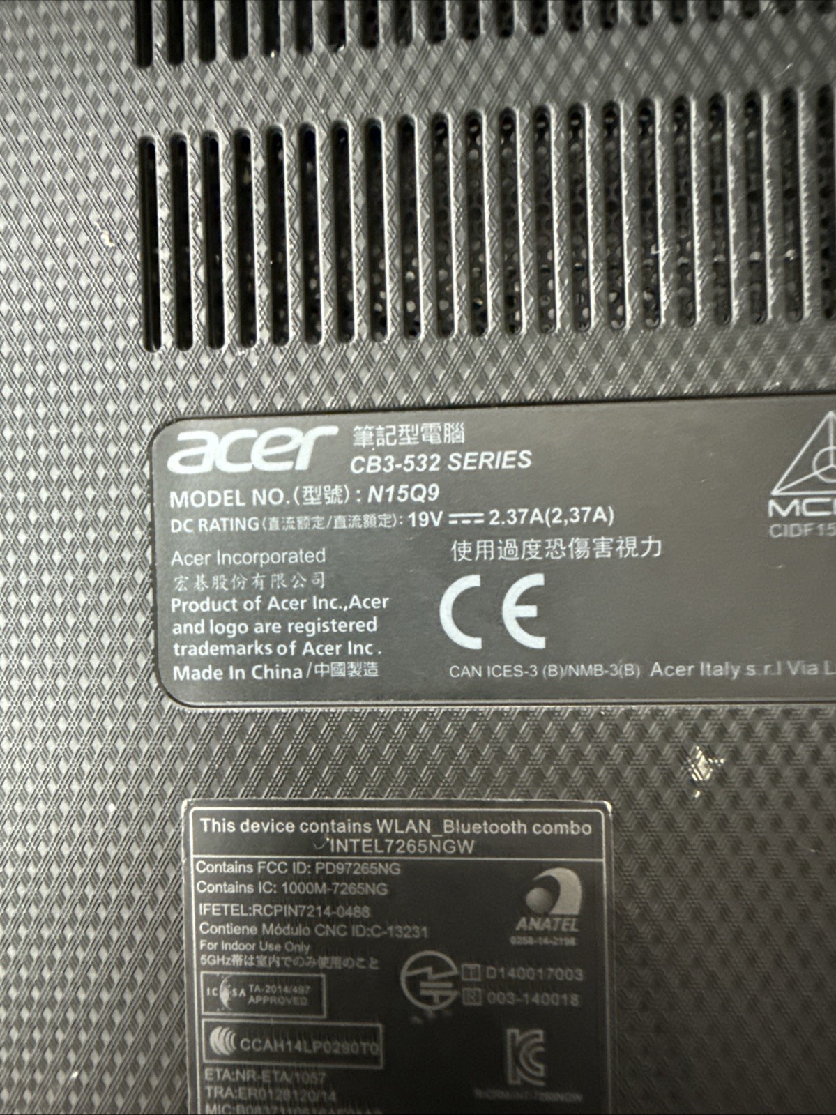 Acer ChromeBook N15Q9 15″ Intel Atom x5-E8000 4GB RAM CB3-532 Untested no charge
