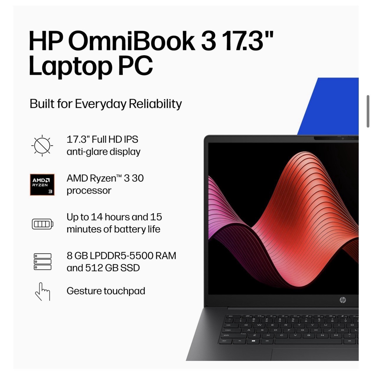 HP OmniBook 3 17.3 inch Laptop PC, FHD Display, AMD Ryzen 3 30, 8 GB 17-dp0199nr