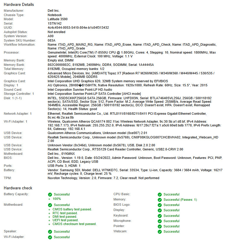 Dell Latitude 3590, i7-8550U CPU, @ 1.80GHz, 8GB RAM, 256GB SSD-No OS/Charger