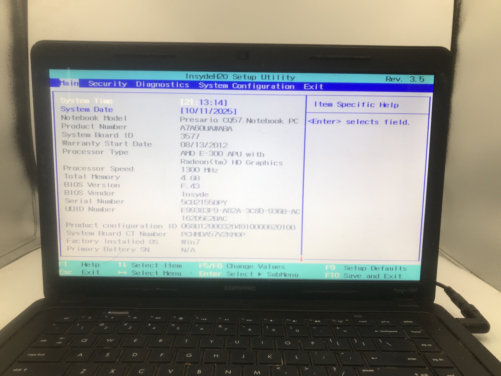 COMPAQ PRESARIO CQ57 – BOOTS TO BIOS – AMD E 300 – NO RAM – 15″ – READ DESC – BB
